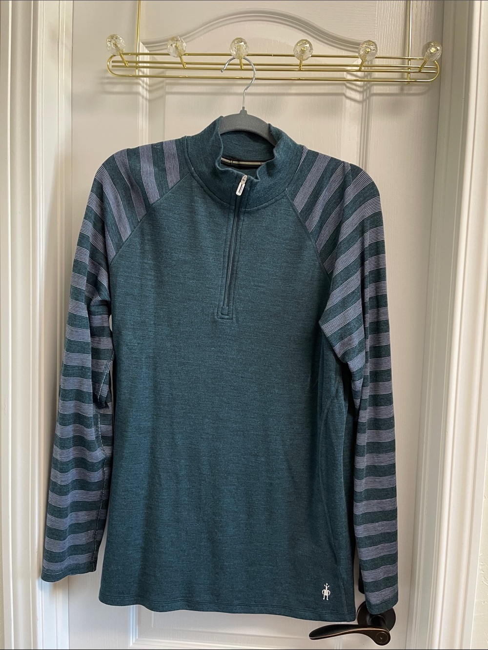 Smartwool women’s Teal Half-Zip Sweater with Gray Striped Sleeves